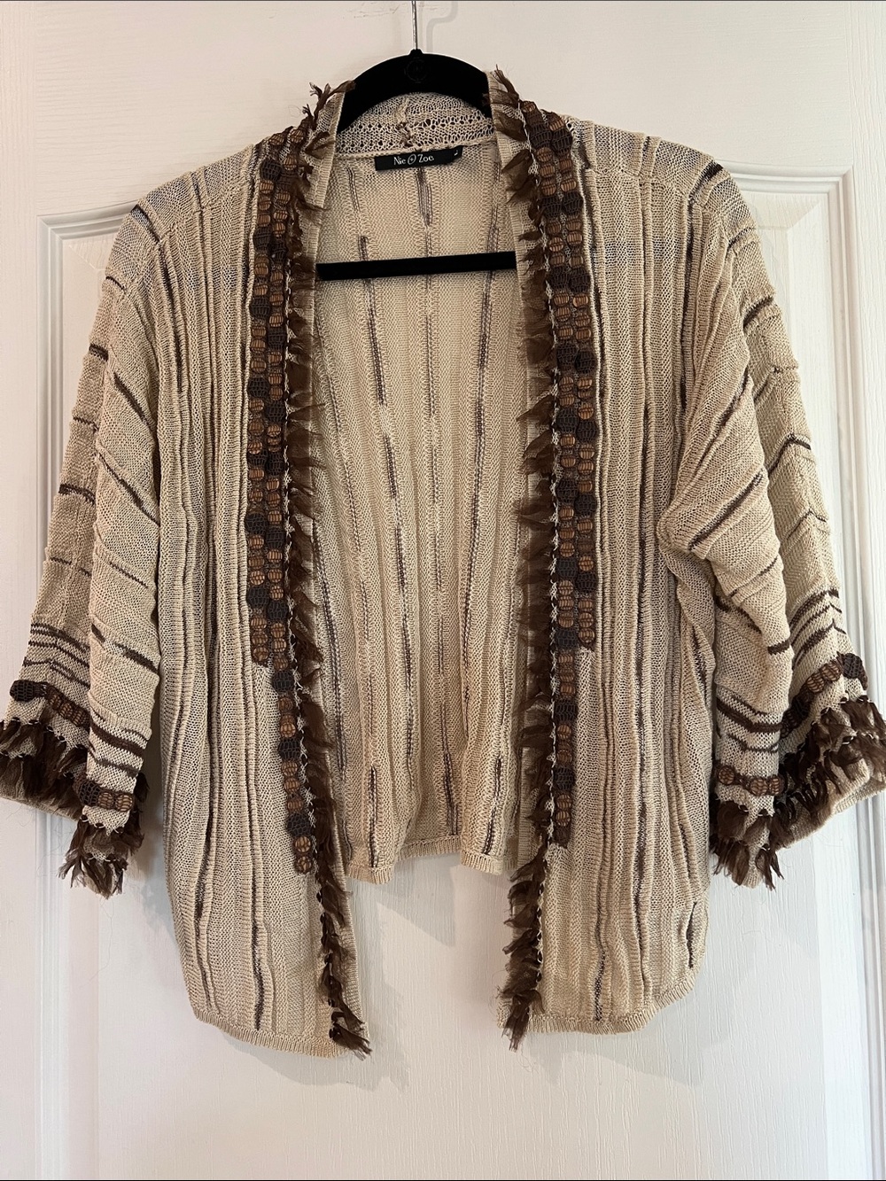 NIC+ZOE Cream and Brown Textured Open Cardigan